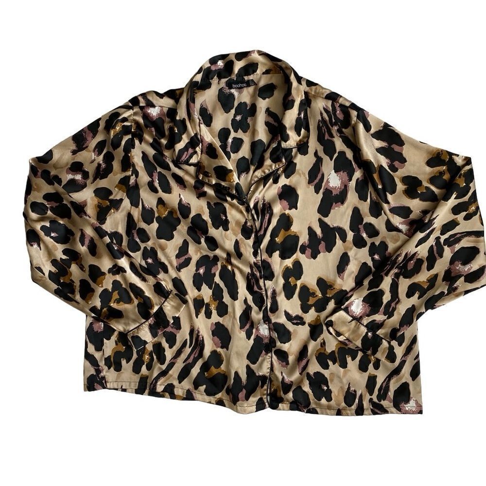 Boohoo Animal Print Pajama Top Button Front Long Sleeve